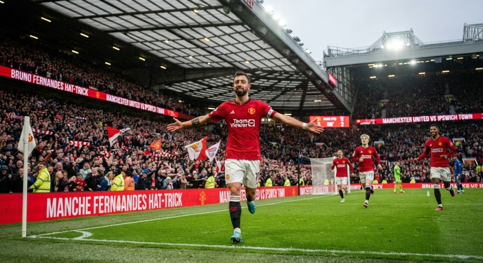 Bruno Fernandes celebrating a hat-trick for Manchester United against Ipswich Town in Fantasy Premier League