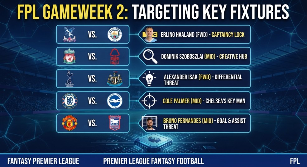 Fantasy Premier League Gameweek 2 fixture ticker showing Manchester City, Liverpool, Chelsea, Manchester United, and Arsenal.